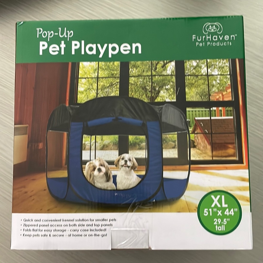 Fur Haven pop up playpen.